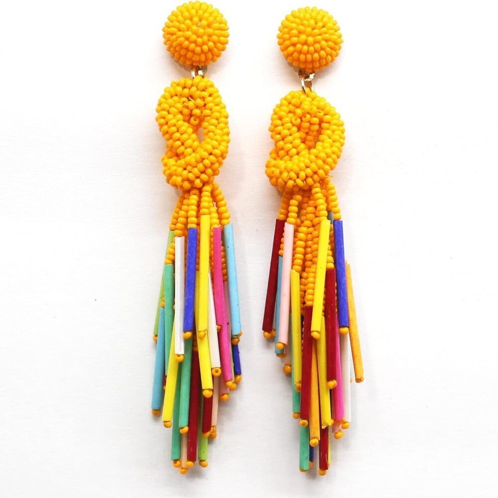 Handmade Neon Beaded Dangle Earrings for Women, 4 Inch Long, Orange Multi, Croch - Picture 2 of 3